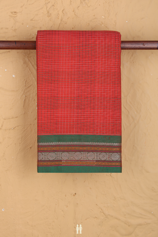 Chettinadu Cotton Saree In Spiced Orange With Checks Design