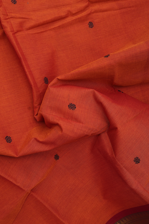 Chettinadu Cotton Saree In Vermillion Red With Floral Buttas