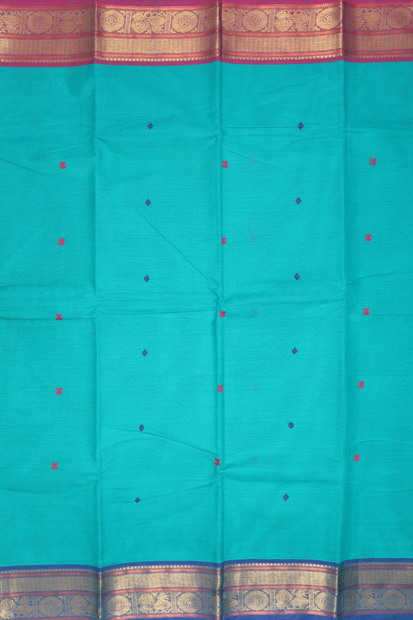 Chettinadu Cotton Saree Light Sea Green With Threadwork Buttas
