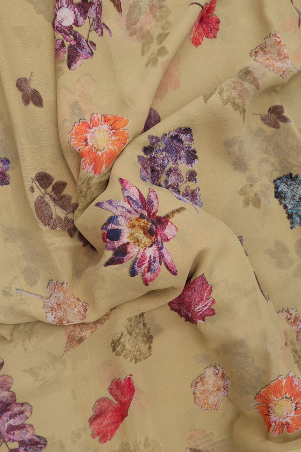 Chiffon Saree In Beige Green With Floral Printed Design