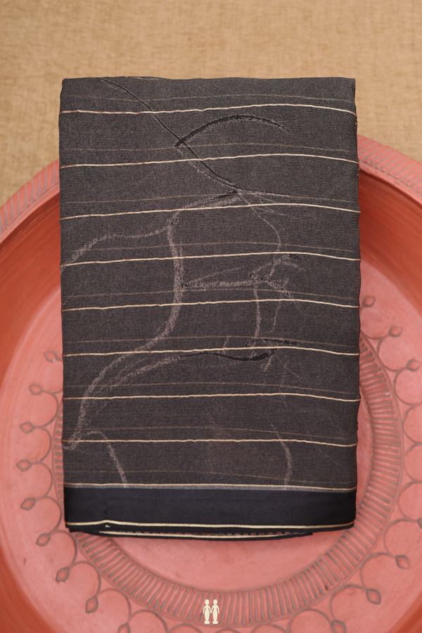 Chiffon Saree In Black And Brown With Stripes Design
