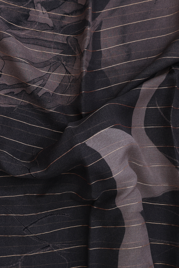 Chiffon Saree In Black And Brown With Stripes Design
