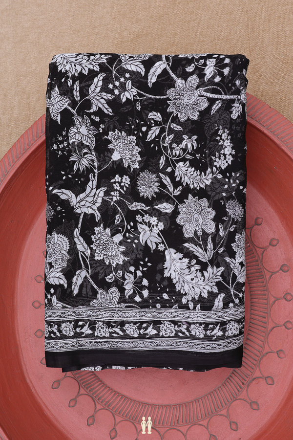 Chiffon Saree In Black With Floral Printed Design