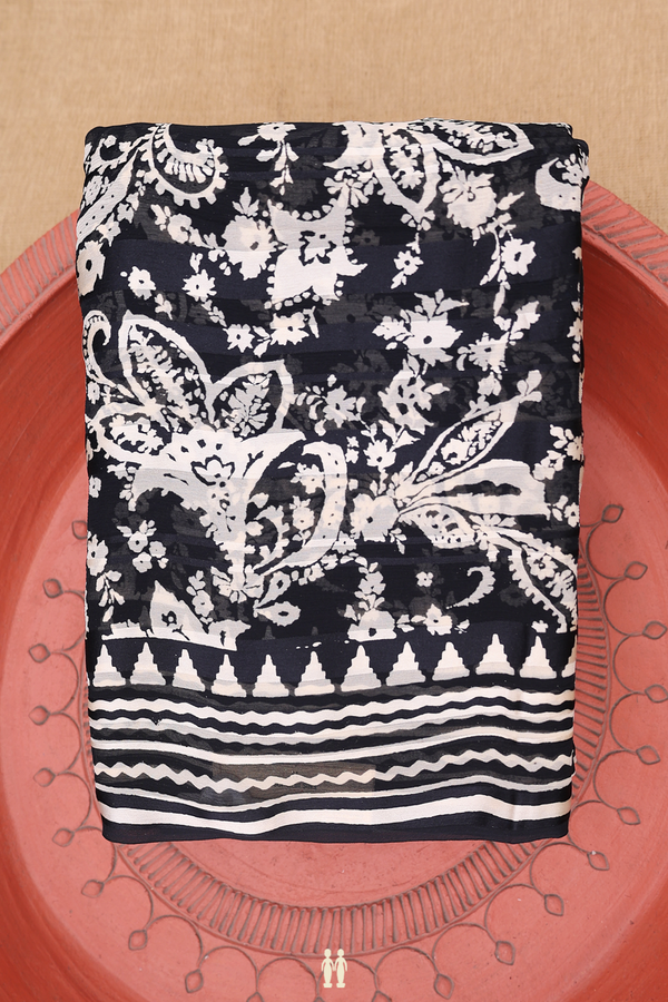 Chiffon Saree In Black With Floral Printed Design