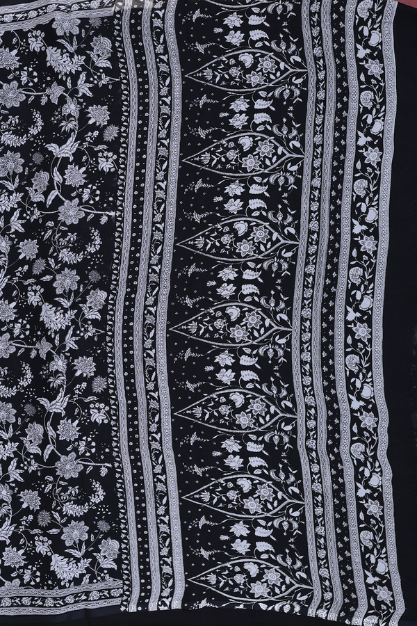 Chiffon Saree In Black With Floral Printed Design