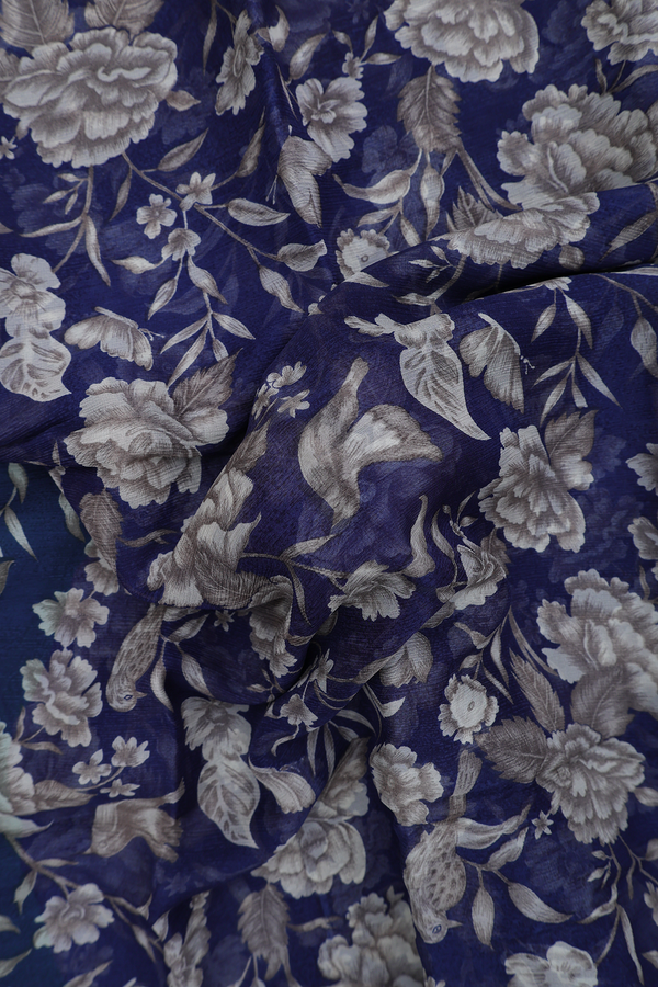 Chiffon Saree In Blue With Floral Design