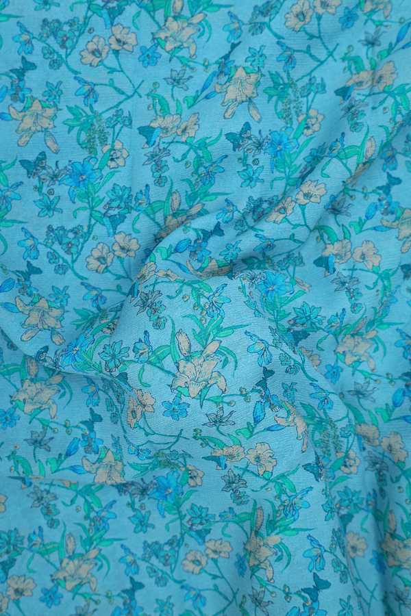 Chiffon Saree In Blue With Floral Design