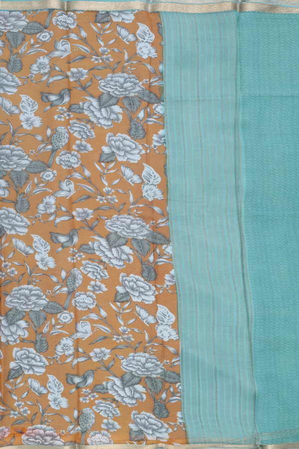 Chiffon Saree In Golden Brown With Floral Printed Design