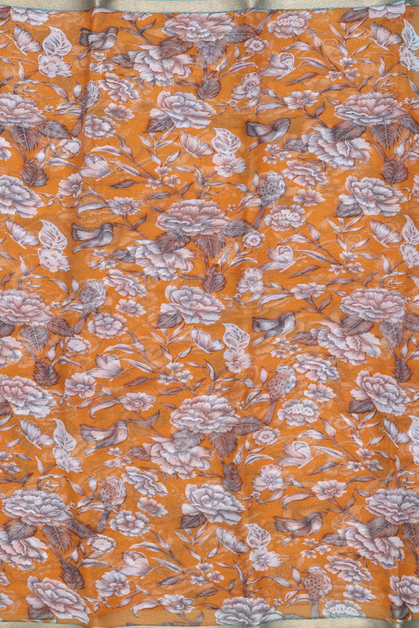 Chiffon Saree In Golden Brown With Floral Printed Design