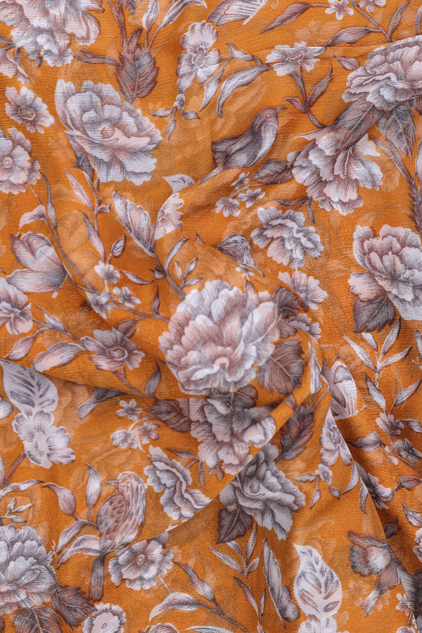 Chiffon Saree In Golden Brown With Floral Printed Design