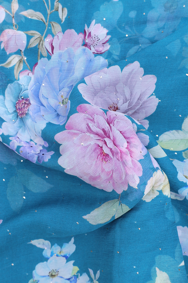 Chiffon Saree In Capri Blue With Floral Printed Design