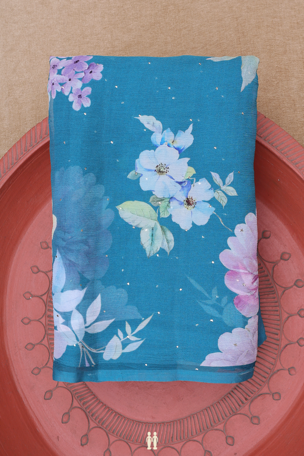 Chiffon Saree In Capri Blue With Floral Printed Design
