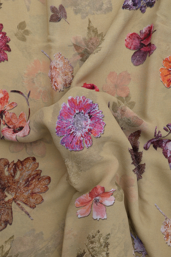 Chiffon Saree In Celery Yellow With Floral Design