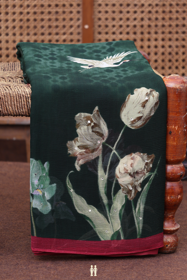 Chiffon Saree In Dark Green With Birds Design