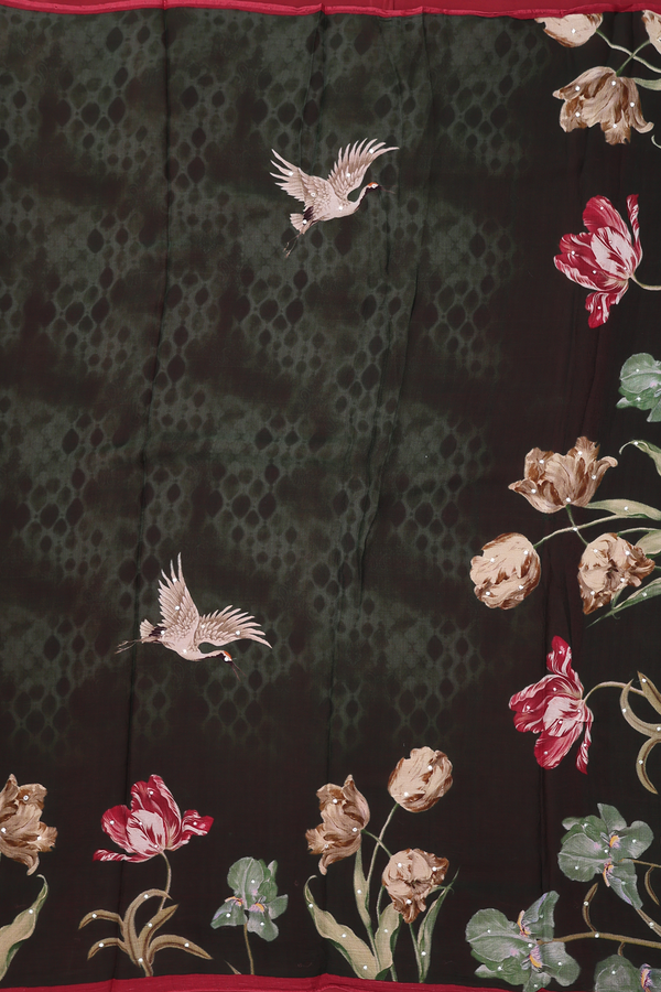 Chiffon Saree In Dark Green With Birds Design