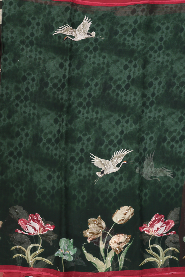 Chiffon Saree In Dark Green With Birds Design