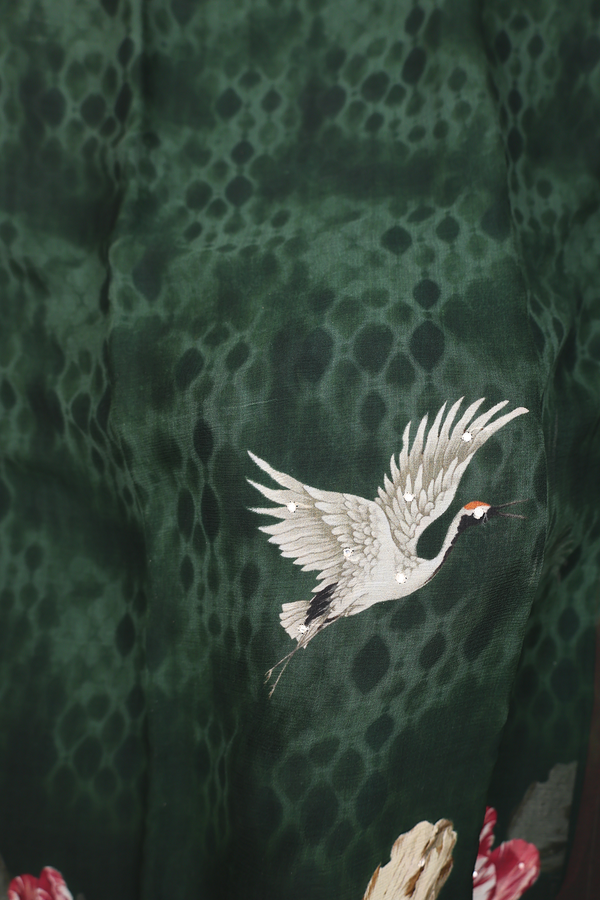 Chiffon Saree In Dark Green With Birds Design