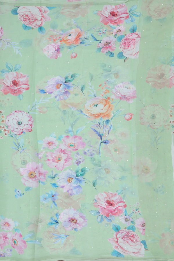 Chiffon Saree In Dusty Green With Floral Design