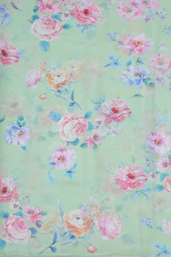 Chiffon Saree In Dusty Green With Floral Design