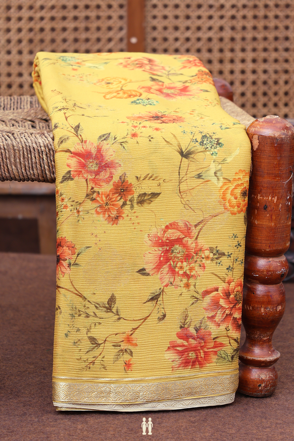 Chiffon Saree In Golden Yellow With Floral Design