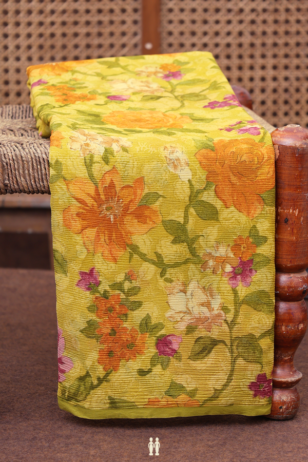 Chiffon Saree In Golden Yellow With Floral Design