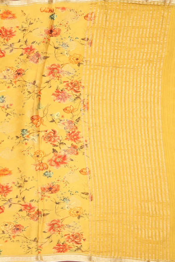 Chiffon Saree In Golden Yellow With Floral Design