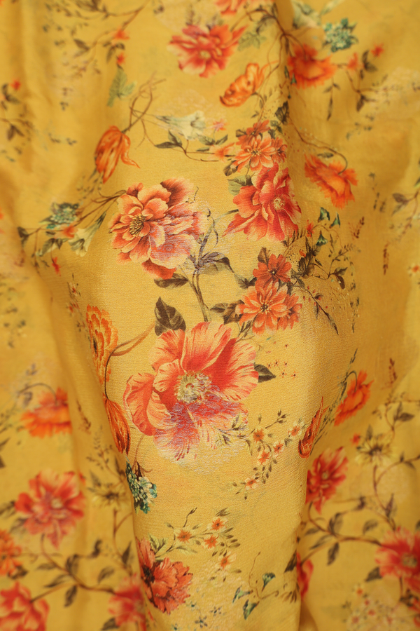 Chiffon Saree In Golden Yellow With Floral Design
