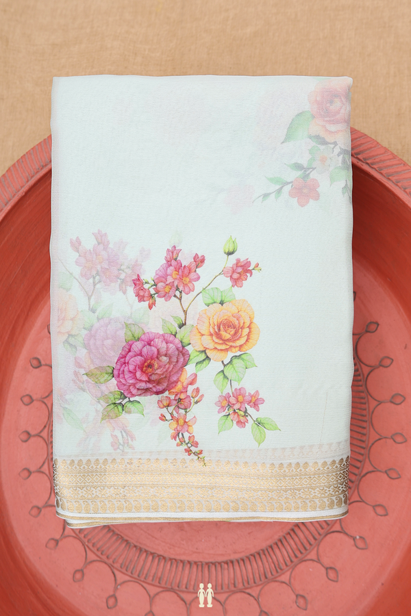 Chiffon Saree In Green Beige With Floral Printed Design