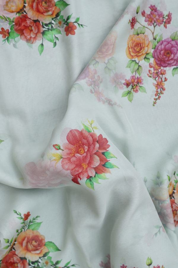 Chiffon Saree In Green Beige With Floral Printed Design