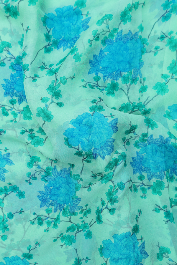 Chiffon Saree In Green With Floral Printed Design