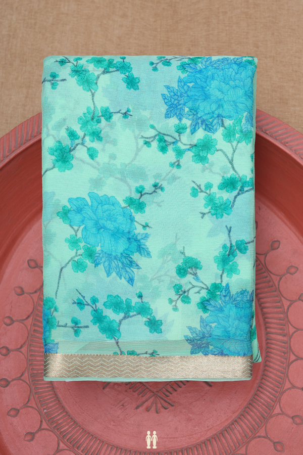 Chiffon Saree In Green With Floral Printed Design