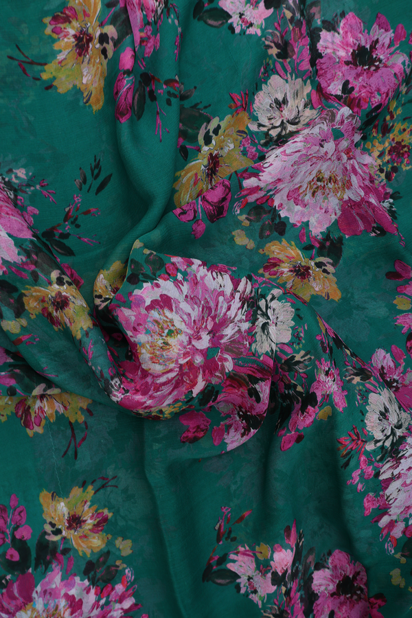 Chiffon Saree In Green With Floral Printed Design