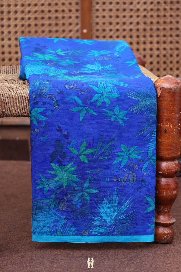 Chiffon Saree In Indigo Blue With Floral Design