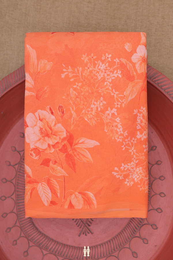 Chiffon Saree In Orange With Floral Design