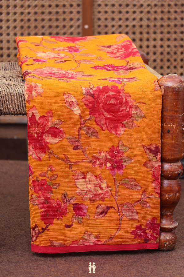 Chiffon Saree In Orange With Floral Design