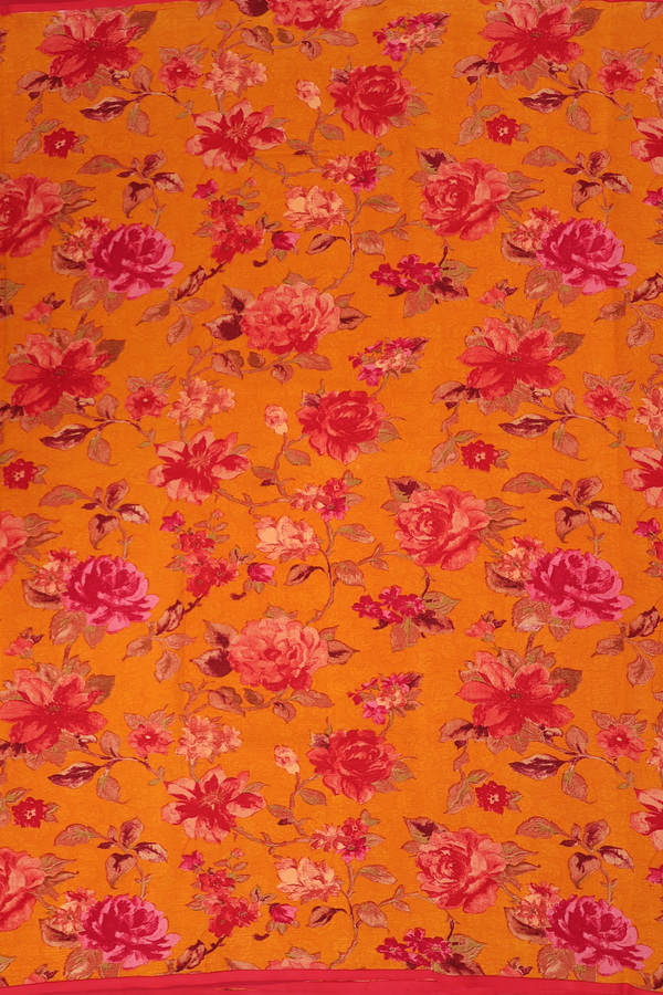 Chiffon Saree In Orange With Floral Design