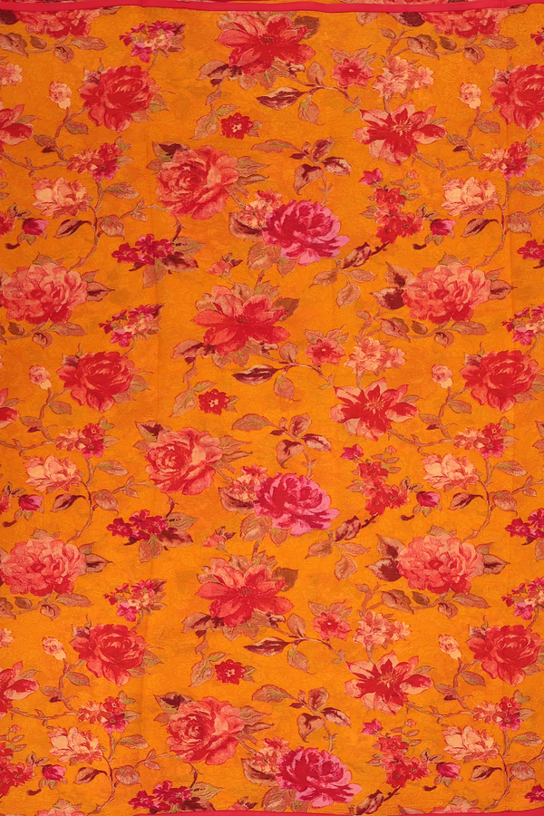 Chiffon Saree In Orange With Floral Design