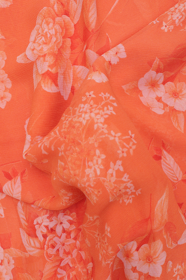 Chiffon Saree In Orange With Floral Design