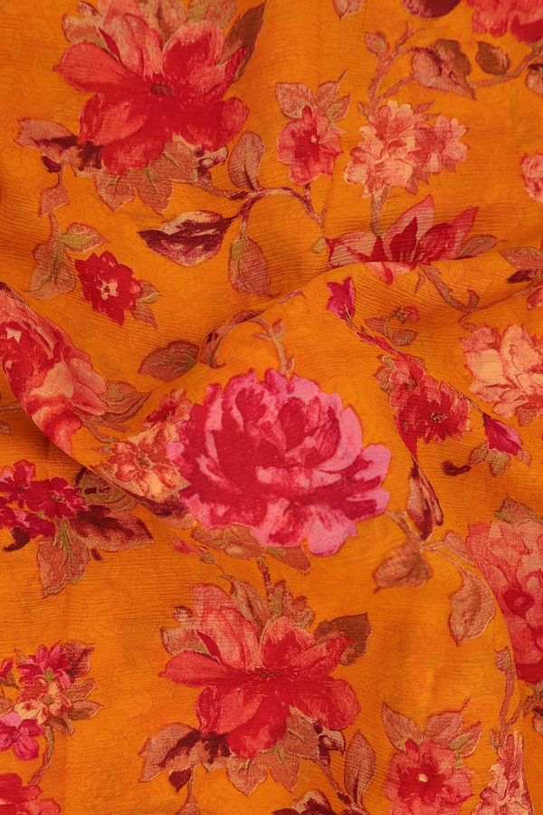 Chiffon Saree In Orange With Floral Design