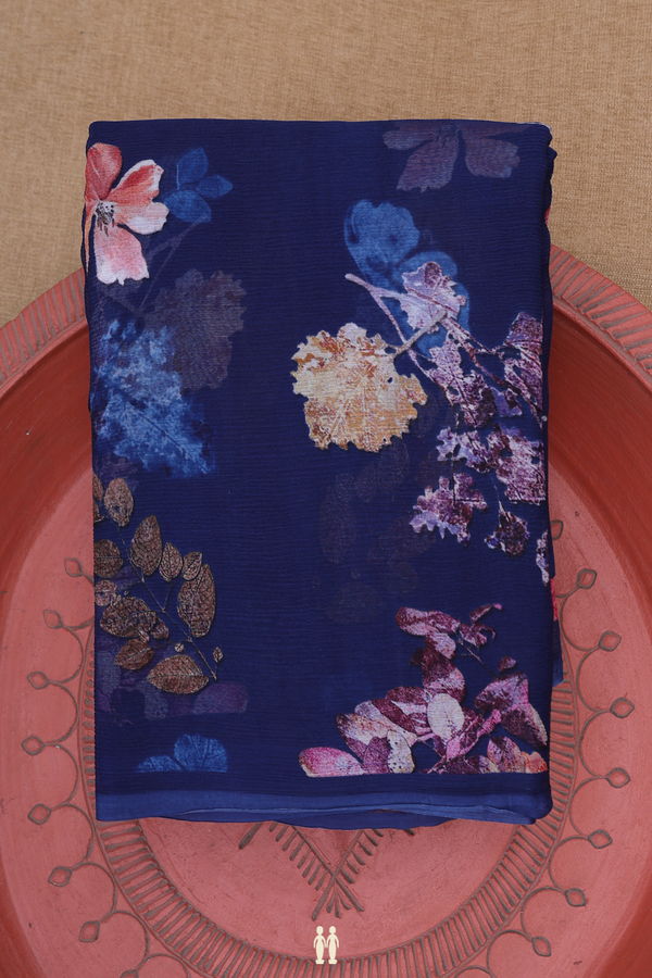 Chiffon Saree In Oxford Blue With Floral Design