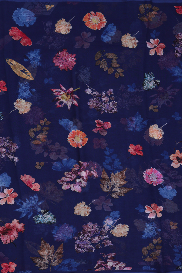 Chiffon Saree In Oxford Blue With Floral Design