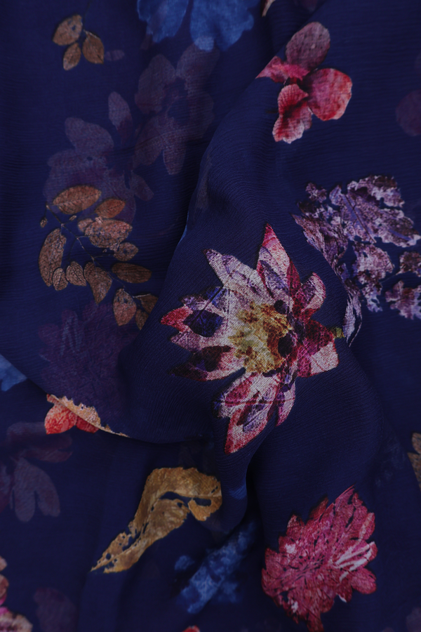 Chiffon Saree In Oxford Blue With Floral Design