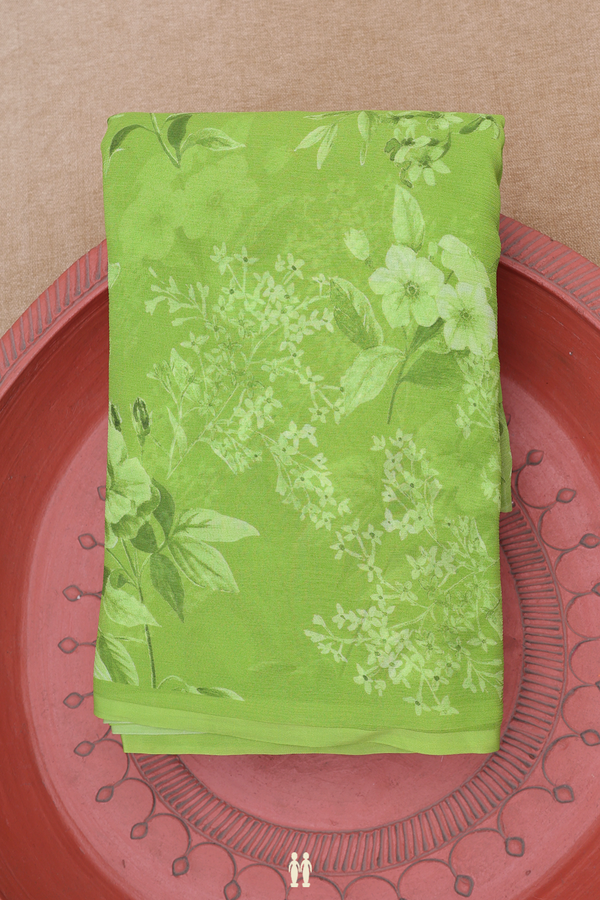 Chiffon Saree In Parrot Green With Floral Design