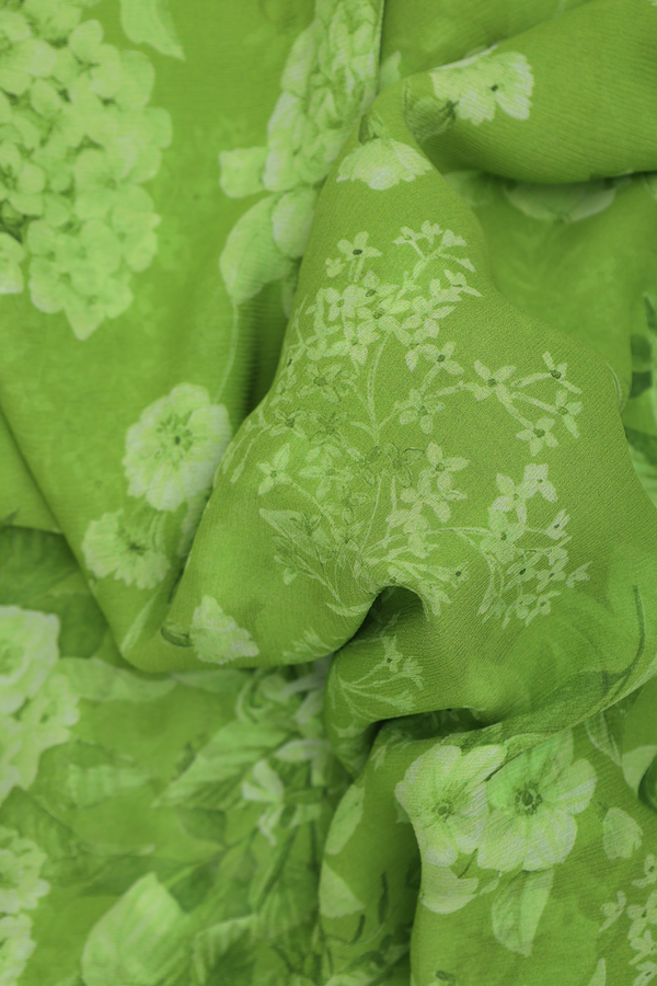 Chiffon Saree In Parrot Green With Floral Design