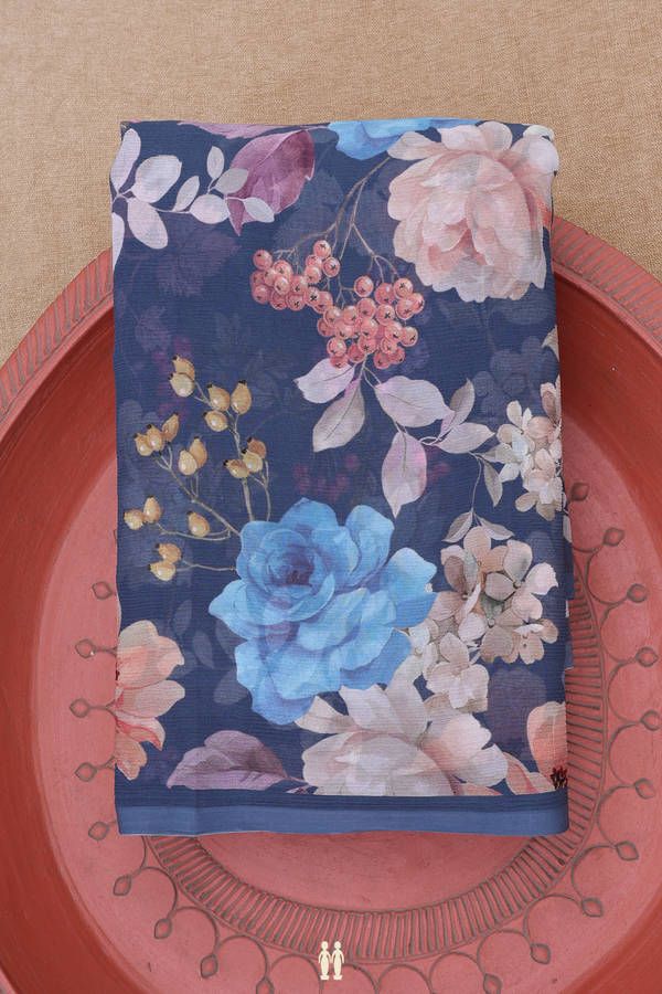 Chiffon Saree In Pigeon Blue With Floral Printed Design