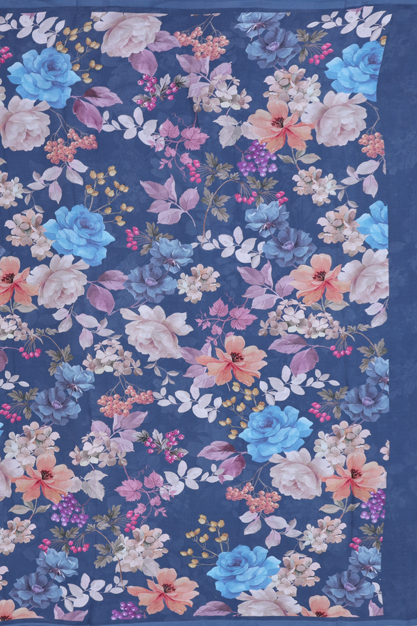 Chiffon Saree In Pigeon Blue With Floral Printed Design