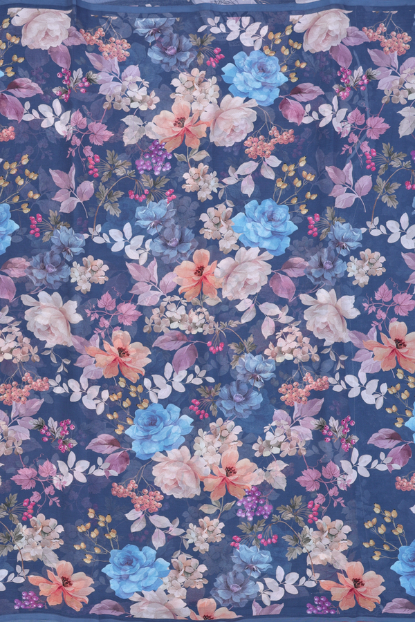 Chiffon Saree In Pigeon Blue With Floral Printed Design