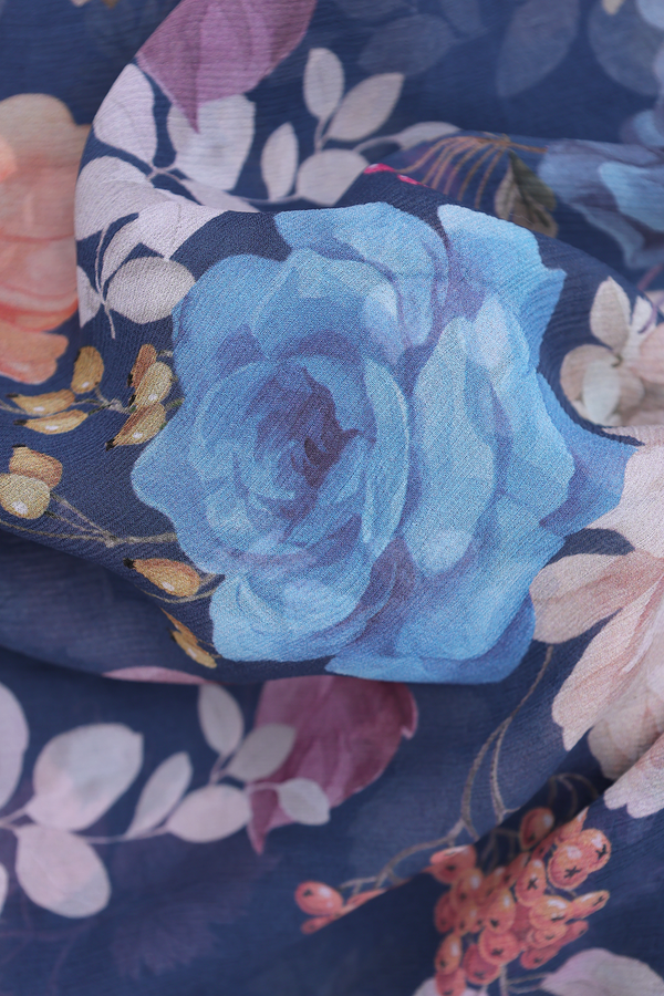 Chiffon Saree In Pigeon Blue With Floral Printed Design