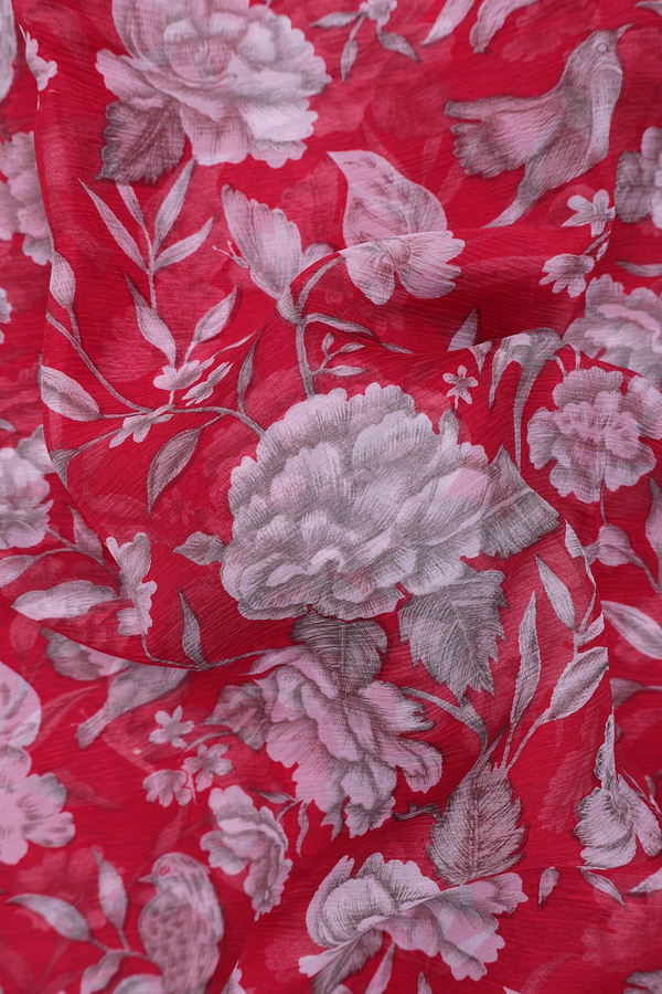 Chiffon Saree In Red With Floral Printed Design