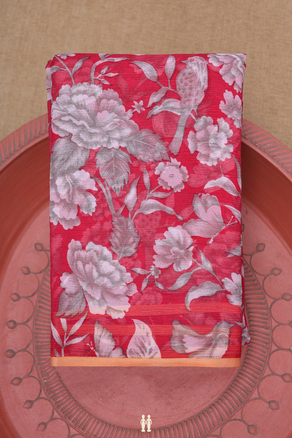 Chiffon Saree In Red With Floral Printed Design